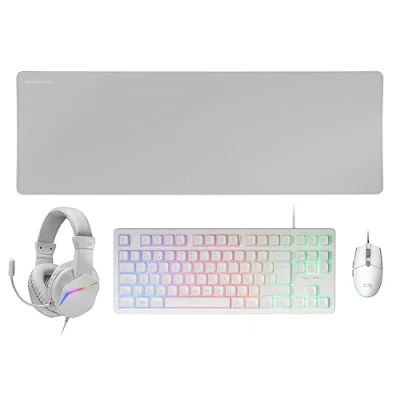 Abbildung von MARSGAMING MCP RGB3, Pack Gaming Tastatur Fixed RGB + Maus Flow 3200 DPI Headset Over Ear XXL Mauspad, Weiß, Portugiesisch Sprache
