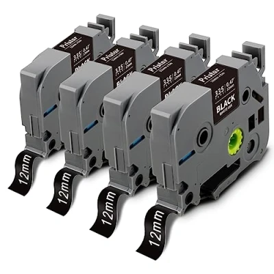 Abbildung von Pristar Kompatible Schriftband für Brother TZe 335 TZe335 TZ335 Weiß auf Schwarz 12mm x 8m Etikettenband PT H105 H107 H101C H100LB H100R P300BT D200BW D200VP, 4 Pack