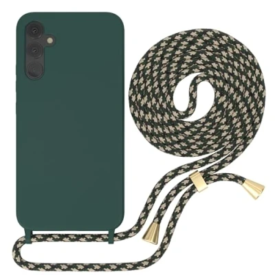 Abbildung von EAZY CASE Handyhuelle mit Kordel zum Umhängen Samsung Galaxy A34 Ultra Dünn, Flexibles Silikon, Fallschutz, Guter Griff Handyhülle, Nacht Grün/Grün Camouflage Clips Gold