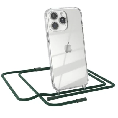 Abbildung von EAZY CASE Handykette kompatibel mit iPhone 15 Pro Max dünne Handyhülle für Hülle Band als Fallschutz Kette zum Umhängen transparente Silikon in Pinien Grün