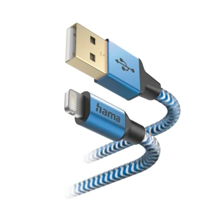 Abbildung von Hama Ladekabel „Reflective“ USB A auf Lightning, Nylon, 1,5m (iPhone Ladekabel, Lightning Kabel, iPhone 14 13 12 11 Pro Max Plus mini SE XS XR X 8 7, iPad Air mini, MFI zertifiziert) blau