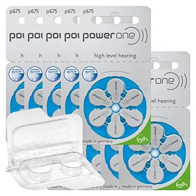 Abbildung von 60x Power One 675 Hörgerätebatterien 10x6er Blister PR44 Blau 24600 + Aufbewahrungsbox für 2 (10, 13, 312, 675), Batteriebox Knopfzellen bis 12 mm x 6 (Ø H)