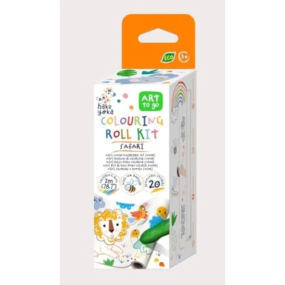 Abbildung von Haku Yoka 6303119 Wachsmal Set, Mini Malrolle Safari, Papierrolle mit Ausmalmotiven und 4 bunten Wachsmalkreiden inkl. 20 Stickern, für Kinder ab 3 Jahren