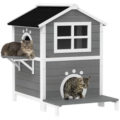Abbildung von Katzenhaus aus Holz Katzenhöhle mit Fenster, Balkon für Indoor, Outdoor Grau