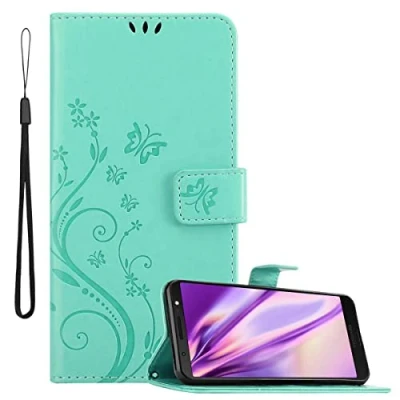 Abbildung von Cadorabo Hülle kompatibel mit Motorola Moto G6 Plus Blumen Design aus Kunst Leder Flip Klappbare Magnetische [Standfunktion] [Kartenfächern] Cover für Tasche in Türkis