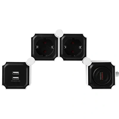 Abbildung von UCOMEN Steckdosenleiste mit USB Ladefunktion,2 Fach Steckdosenadapter,180 Grad Drehen Steckdosenverteiler für, zu Hause 3680W 16A,Schwarz