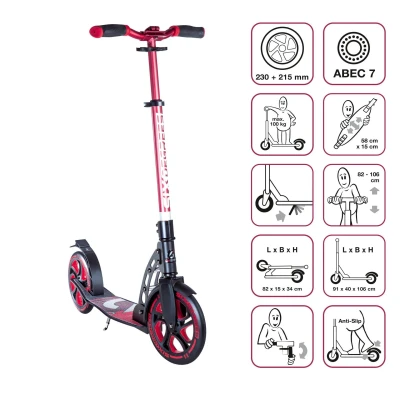 Abbildung von SIX DEGREES Aluminium Scooter mit Klappmechanismus und Ständer, 230/215 mm, ABEC 7, höhenverstellbar, GS geprüft, rot