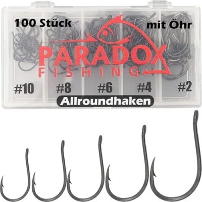 Abbildung von Paradox Fishing Allround Angelhaken mit Öse I 100 Stück #10/#8/#6/#4/#2 je 20 Set für Karpfen, Forelle etc.