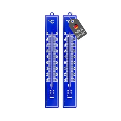 Abbildung von Lantelme 2 Stück Gartenthermometer Set Wetterfest aus Kunststoff 18cm Farbe Blau präzise Temperaturanzeige Analog 30 bis 50C Thermometer auch für Haus, Innen, Garten und Außen (Blau)