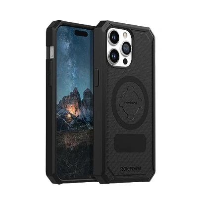 Abbildung von Rokform iPhone 15 Pro Max Hülle, Rugged Series, Magnetic Cover mit RokLock Twist Lock, Drop Tested Armor (Schwarz)
