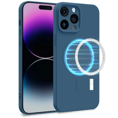Abbildung von MyGadget Hülle für Apple iPhone 14 Pro Max [ kompatibel mit MagSafe ] Zweilagige Handyhülle Kameraschutz Cover Innenfutter &amp; Silikon außen Dunkel Blau