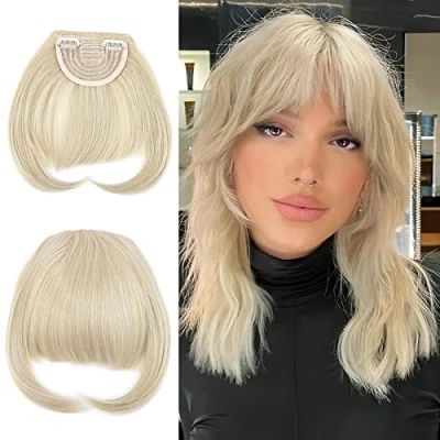 Abbildung von Elailite glattes haar clip in bangs vorder fringe verlängerung 1% unsichtbare natur ein Stück hair extensions echt thick synthetic toupet aschblond mix bleach blonde 8 zoll