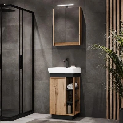 Abbildung von Planetmöbel Badmöbel Set Nyx, (45cm Waschtisch mit Armatur &amp; Spiegelschrank, 3 St), Badezimmer 45 cm