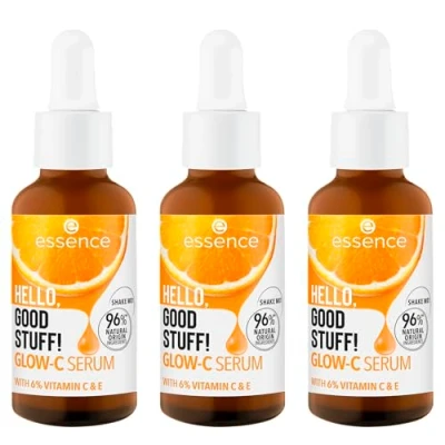 Abbildung von essence HELLO, GOOD STUFF! GLOW C SERUM, Gesichtsserum, Gelb, glättend, mit Vitaminen, pflegend, natürlich, vegan, ölfrei, ohne Parabene, Mikroplastikpartikel, 3er Pack (3x30ml)
