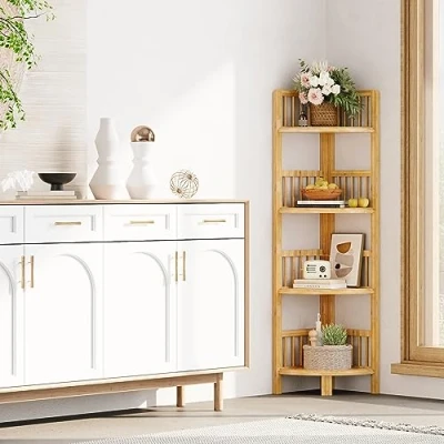 Abbildung von Dripex Eckregal stehend, Badezimmerregal, Bücherregal mit 4 Ablagen, Standregal aus Bambus, 104x30x30cm, Lagerregal für Badezimmer, Wohnzimmer, Schlafzimmer, Küche, Balkon