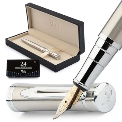 Abbildung von Wordsworth &amp; Black Füllfederhalter Set, gebogene Spitze, inklusive 24 Tintenpatronen, Kolbenkonverter und Geschenkbox, verchromt, Kalligraphie, versilbertes Chrom