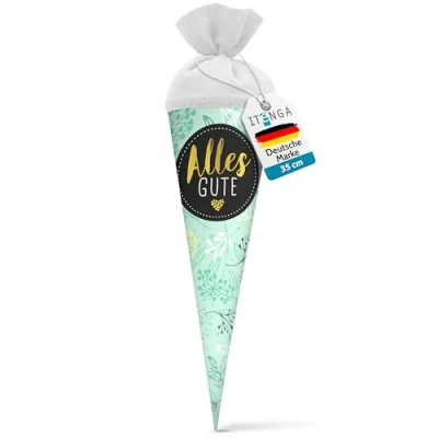 Abbildung von itenga Geschwisterschultüte 35cm Geschenkverpackung Schultüte Kinder Erwachsene Party (Pflanzen mit Text Alles Gute in schwarz Gold)