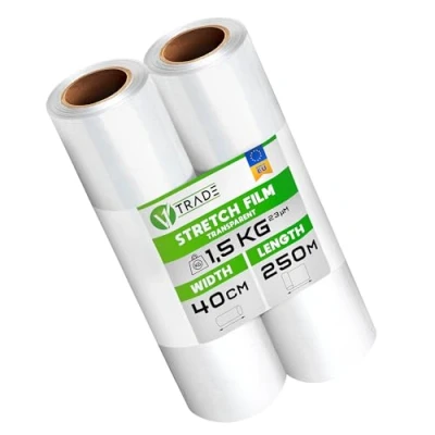 Abbildung von V1 Trade 2x Stretchfolie Transparent Folie für Möbel Hand Umzugfolie 250m x 40 cm Stretchfolienrolle Transparentfolie 23my Verpackungsfolie auf Rolle Wickelfolie Umzugsfolie Dehnung 250%