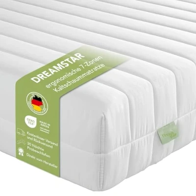 Abbildung von DREAMSTAR Easy Flex ergonomische 7 Zonen Kaltschaummatratze Öko Tex Zertifiziert Härtegrad 2 und 3 (H2 &amp; H3) Rollmatratze 21 cm Made in EU I 160 x 200