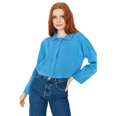 Abbildung von TRENDYOL Damen Einfarbiger Cardigan mit U Ausschnitt Pullover, Blau, S
