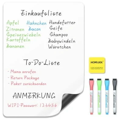 Abbildung von HOMiDEK Whiteboard Folie Magnetisch Für Kühlschrank: A4 Magnettafel Familie Menü Wochenplaner, Einkaufsliste, to do liste Klein Magnet White Board mit 3 Markers und Radierer, 20x30cm