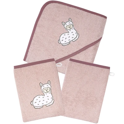 Abbildung von Wörner Handtuch Set &quot;Lama rosa Kapuzenbadetuch mit 2 Waschhandschuhen&quot;, (Spar Set, 3 St.), süßer Lamastickerei