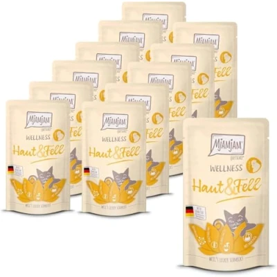 Abbildung von MjAMjAM Premium Nassfutter für Katzen Wellness Haut &amp; Fell Huhn, 12er Pack (12 x 125g), getreidefrei