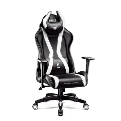 Abbildung von Diablo Gaming Stuhl X Horn 2.0 Bürostuhl Gamer Chair Schreibtischstuhl 3D Armlehnen Ergonomisches Design Nacken/ Lendenkissen Kunstleder Wippfunktion Schwarz Weiß Normal (L)