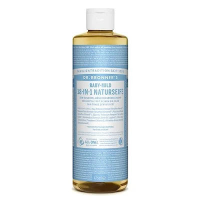 Abbildung von Dr. Bronners 18 IN 1 Naturseife Organic Flüssigseife Baby Mild ohne Duft Duschgel, Handseife, Shampoo und vieles mehr Mit Bio Ölen Fair Trade 475 ml