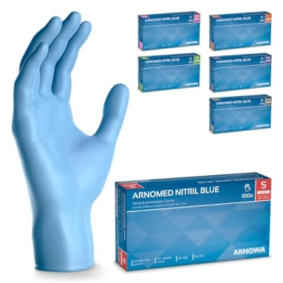 Abbildung von 500 Stück ARNOMED Einweghandschuhe Blau, Einmalhandschuhe S, Nitril Handschuhe, Nitrilhandschuhe puderfrei, Gummi Handschuhe Einweg, Schutzhandschuhe, in XS, M, L, XL, XXL