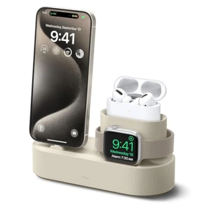 Abbildung von elago 3 in 1 Ladestation kompatibel mit Apple Produkten, Watch Series 10/9/8/7/6/SE/5/4/3/2/1/SE, AirPods Pro 2/1, 3/2/1 und Allen iPhone Modellen [Originalkabel erforderlich]