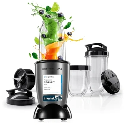Abbildung von GOURMETmaxx Mr. Magic Power Pro Mixer 400 Watt Smoothie Maker mit to go Deckel Standmixer Mixbecher &amp; Frischhaltedeckel zum Aufbewahren Blender Zubehörset L für Shakes, Smoothies etc.