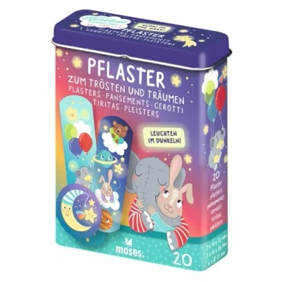 Abbildung von moses. kleine Kuschelhelden Leuchtende Pflaster, Pflasterbox für Verletzungen und Wunden, mit niedlichen Motiven Leuchteffekt, 20 Heftpflaster in 3 verschiedenen Größen einer Metalldose