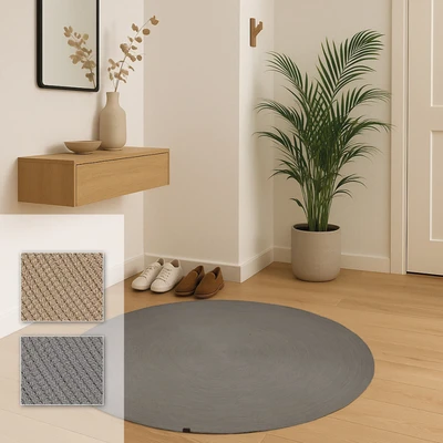 Abbildung von Robuster Outdoorteppich rund Beidseitig nutzbarer Teppich Innen und Außen Handgenähter Balkon, Terasse, Garten Grau Ø 120 cm