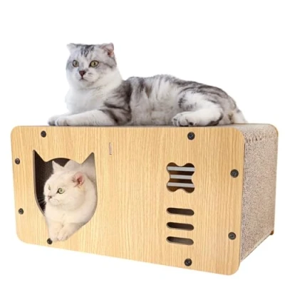 Abbildung von Heikoeco Kratzbrett Katzenhöhle mit Kratzbrett, XXL katzenhaus Indoor aus Pappe, indoor,katzenhöhle XXL,kratzpappe für katzen,55x29x28cm