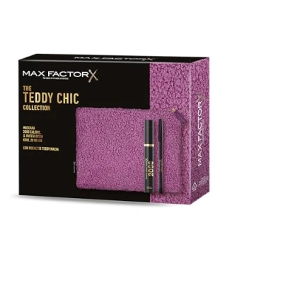 Abbildung von Max Factor, Geschenkbox für Damen The Teddy Chic Collection, Clutch aus weichem Stoff mit Mascara 2000 Calorie Black + Augenstift Kohl Pencil 020