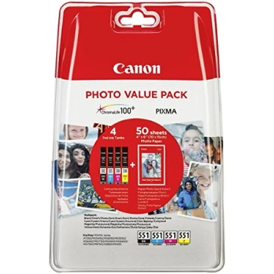 Abbildung von Canon Original CLI 551 Druckerpatronen Value Pack BK/C/M/Y + 50 Blatt Fotopapier (PP 201)