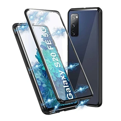 Abbildung von Schutzhülle für Samsung Galaxy S20 FE 5G, magnetische Adsorption, stoßfest, doppelseitig transparent, Hartglas, Schutzhülle, Aluminium, Metallrahmen, 360 Grad Schutz, Schwarz