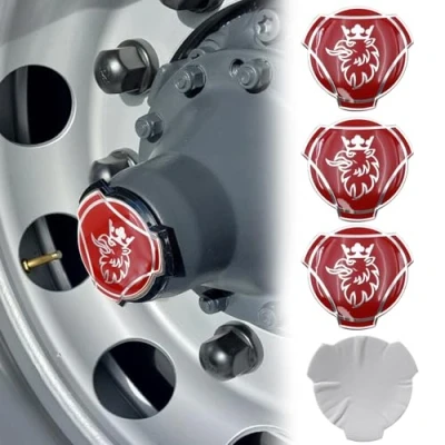 Abbildung von 4 Stück Griffin Aluminium Aufkleber für Scania LKW Felgen, Radnabenkappen, Abzeichen, Emblem, (rot und silber)