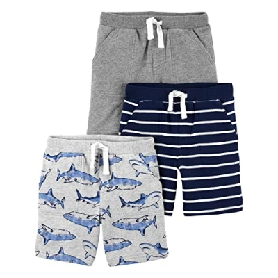 Abbildung von Simple Joys by Carter&#039;s Baby Jungen Multi Pack Knit Shorts, Grau/Hellgrau Meliert Haifische/Marineblau Streifen, 6 9 Monate (3er