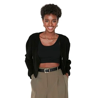 Abbildung von Trendyol Damen Einfarbige Strickjacke mit V Ausschnitt Pullover, Schwarz, S
