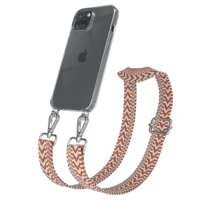Abbildung von EAZY CASE Handykette mit verstellbarem Trageriemen für iPhone 15 Taschengurt zum Wechseln transparenter Handyhülle Hülle dünner Schulterriemen in Blau Rot Silber