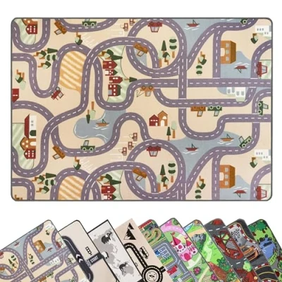 Abbildung von Primaflor Spielteppich mit Village Design für Kinder 95 x 200 cm pflegeleichter Kinderteppich Straßen, Bauernhaus &amp; mehr