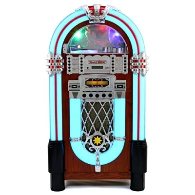 Abbildung von Monstershop Jukebox Retro 50er Jahre Musikbox USB SD Slot, AUX, MP3 Player CD Bluetooth Verbindung Radio Holz Gehäuse mit LED Beleuchtung Fernbedienung Maße 105cm Höhe x 57cm Breite 30cm Tiefe