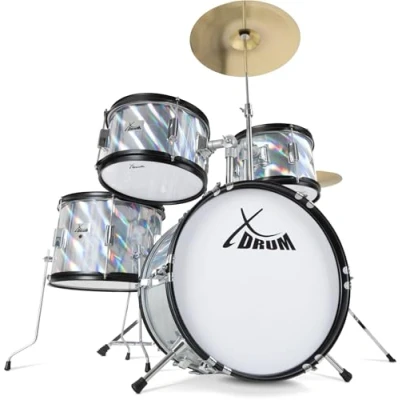 Abbildung von XDrum Junior Pro Kinder Schlagzeug Laser Silver geeignet von 5 9 Jahren Drumset mit komplettem Zubehör inkl. Schule Silber