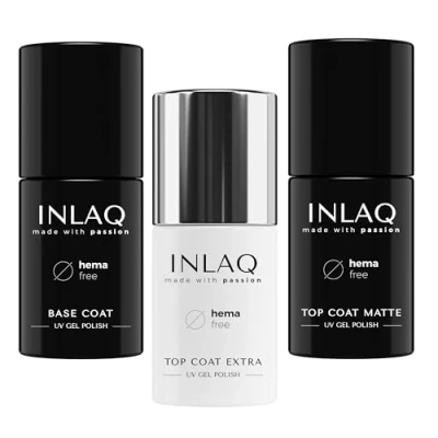 Abbildung von INLAQ® Top Coat Extra + Matte Hard Base HEMA FREE UV Lack Shellack Nagellack Set Komplett für 3x6ml Hybrid Lacke