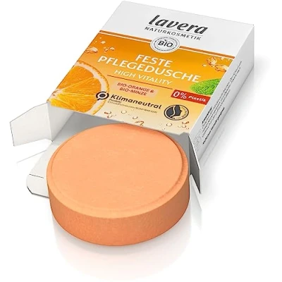 Abbildung von lavera Feste Pflegedusche High Vitality mit Bio Orange und Minze reinigt die Haut sanft ohne sie auszutrocknen 3x ergiebiger als flüssiges Duschgel Naturkosmetik vegan (1 x 50 g)