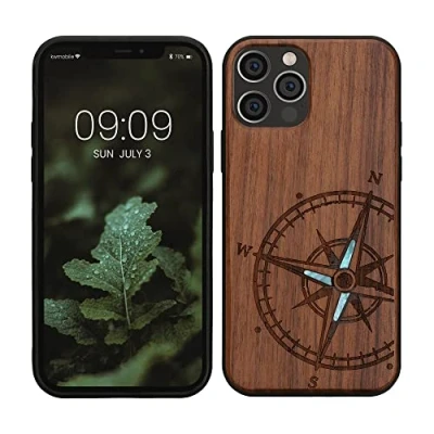 Abbildung von kwmobile Hülle kompatibel mit Apple iPhone 12 / Pro Holz Case Handy Cover TPU Handyhülle in Dunkelbraun Vintage Kompass Perlmutt