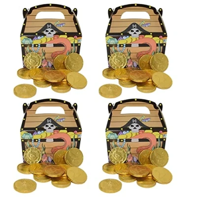 Abbildung von 4x 100g Goldmünzen aus Milchschokolade plus Piraten Schatzkiste Karton I Ideal als Mitgebsel und für Kindergeburtstage