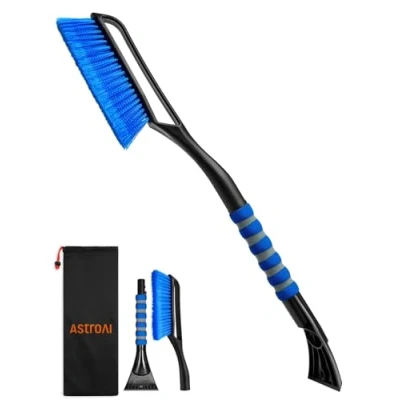 Abbildung von AstroAI 2in1 Auto Reinigungsbürste Eiskratzer Schneebesen Abnehmbarer Eisschaber Blatt und Blütenstaubsbürste mit Ergonomischem Schaumstoffgriff für PKW, LKW SUV, Blau (ABS, PVC Bürste, 68CM)
